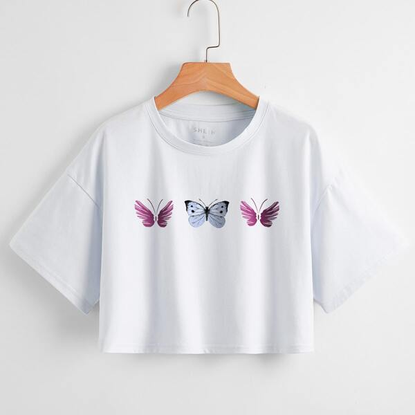 

Butterfly Print Drop Shoulder Crop Tee, White