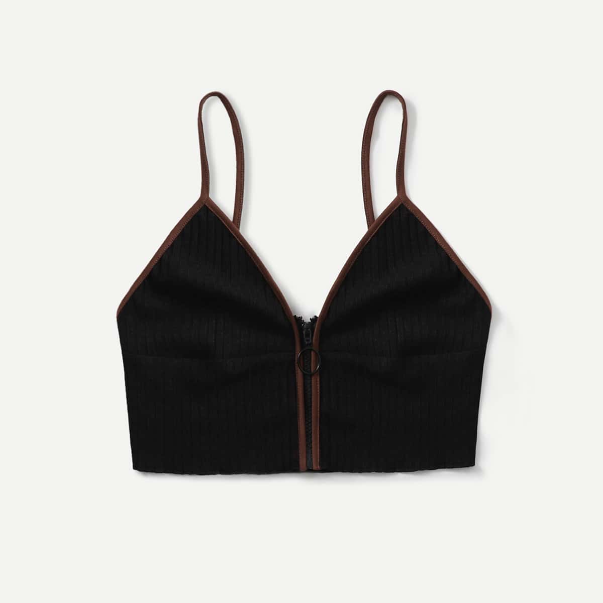

Zip Up Ringer Crop Cami, Black