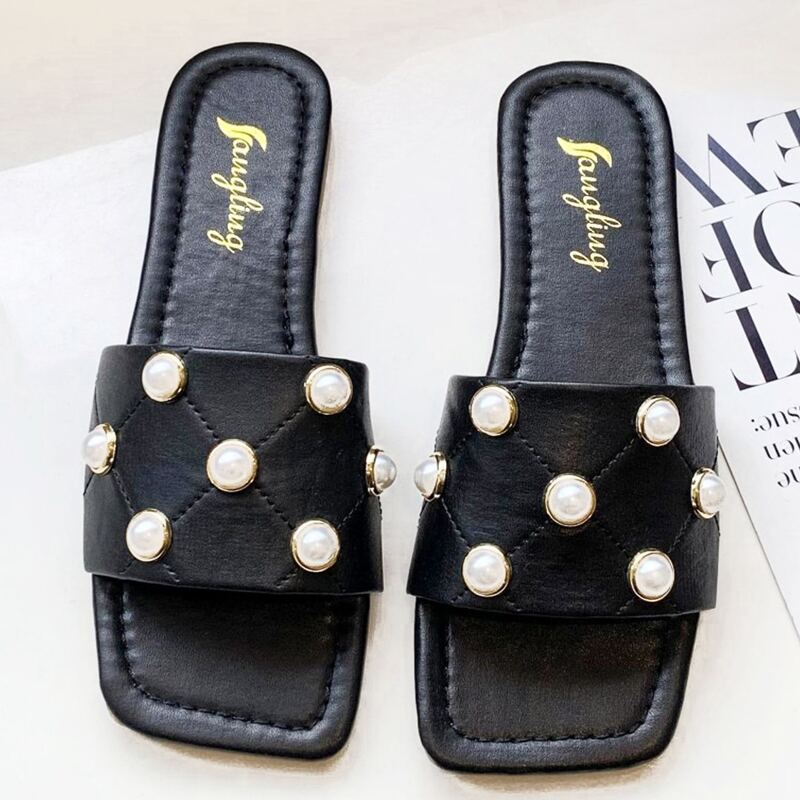 

Faux Pearl Decor Slide Sandals, Black