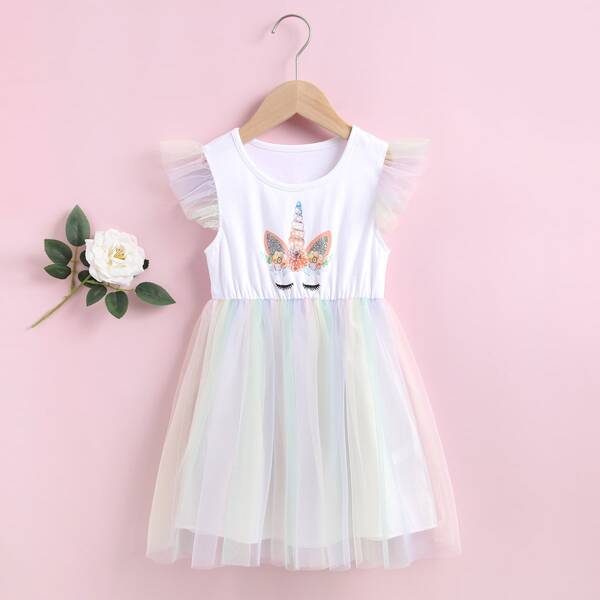 

Toddler Girls Unicorn Print Tutu Dress, White
