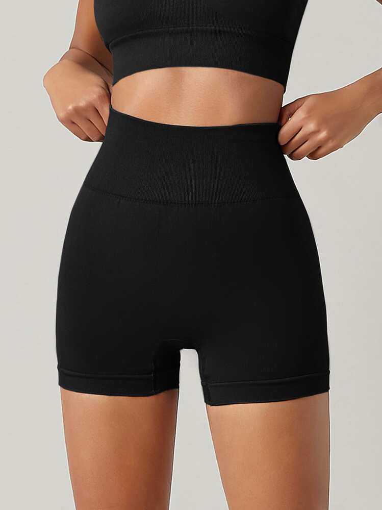 Seamluxe SHEIN Sport High Waist Seamless Sports Shorts Stretchy ShortsWomen Sweat Short, Gym Short, Biker Short - Black - View 1