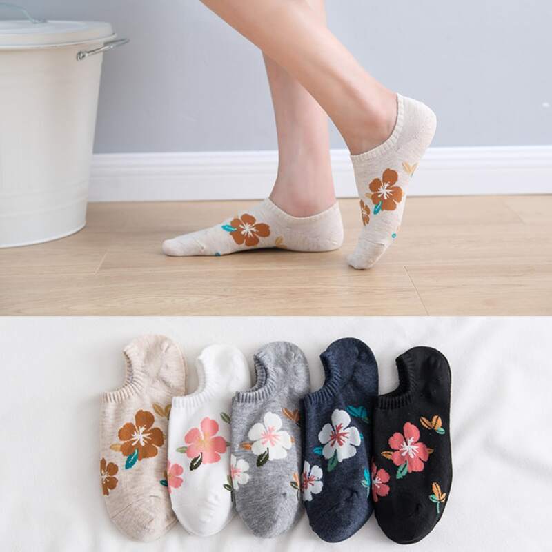 

5pairs Floral Pattern Invisible Socks, Multicolor