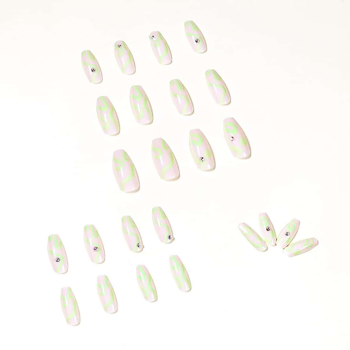

24pcs Rhinestone Decor Fake Nail, Green