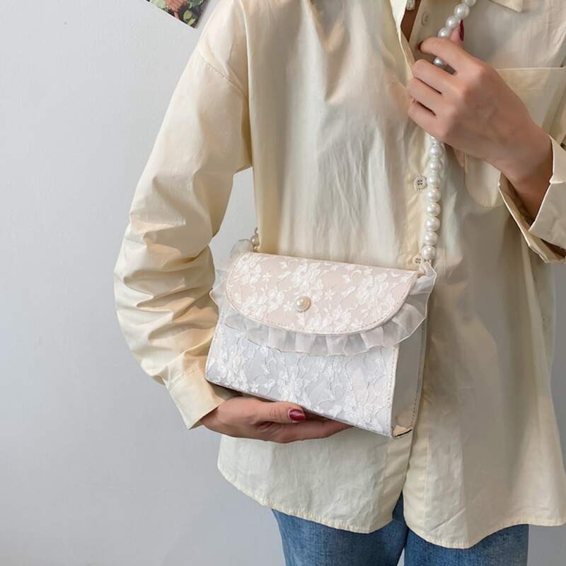

Frill Trim Floral Lace Crossbody Bag, White