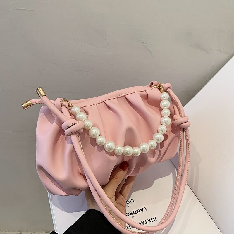 

Faux Pearl Decor Ruched Design Satchel Bag, Pink