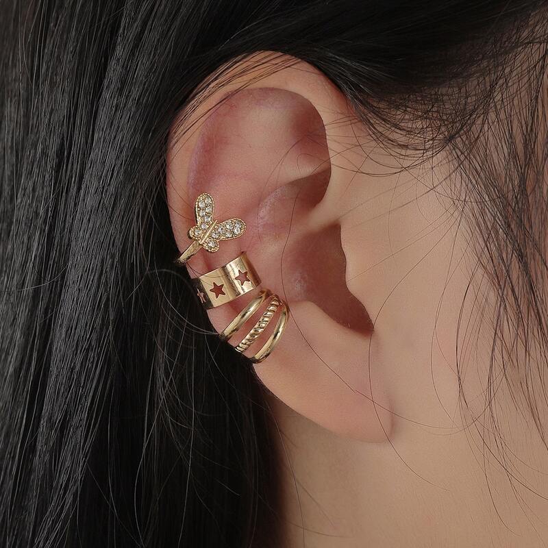 

3pcs Butterfly & Rhinestone Decor Ear Cuff, Gold