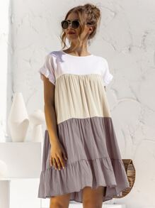 SHEIN LUNE Contrast Panel Flounce Sleeve Smock Dress - Multicolor - View 1