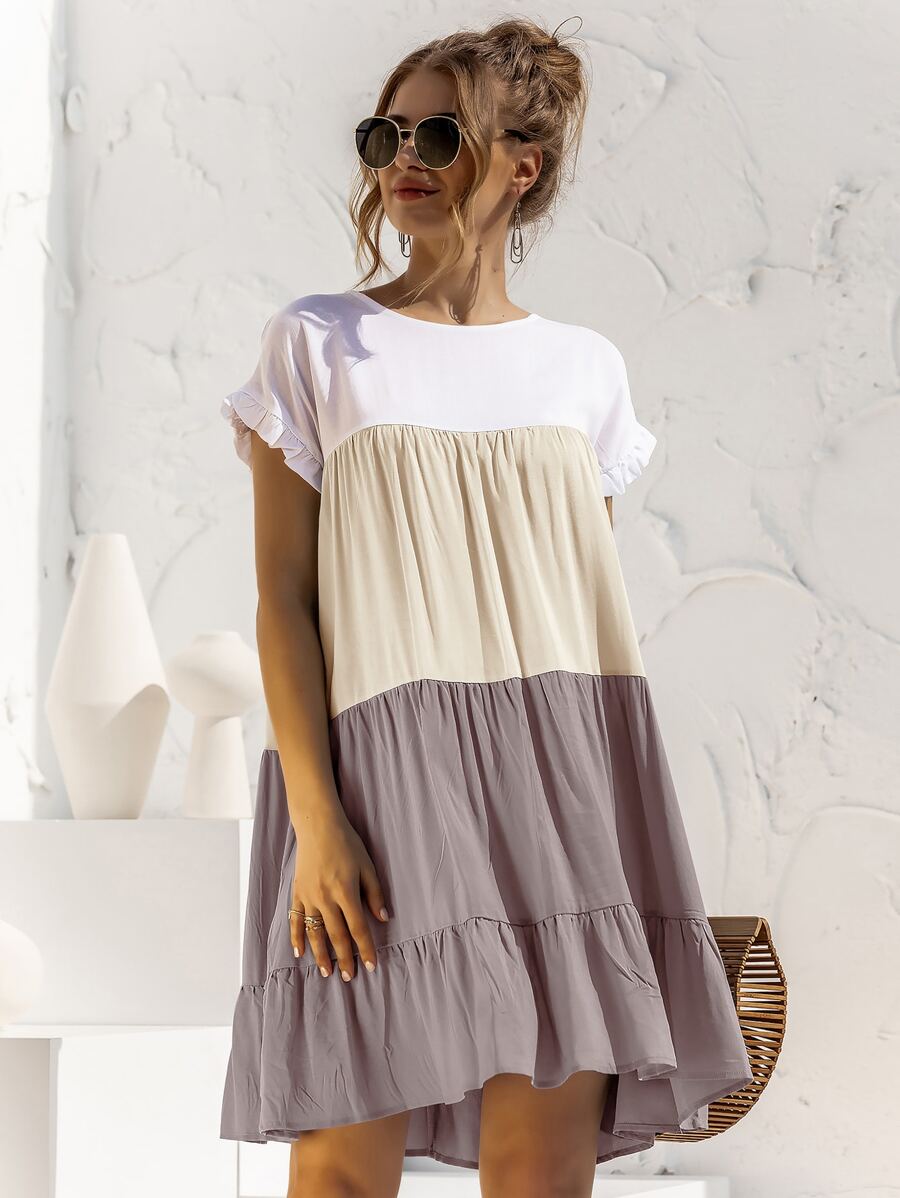 SHEIN LUNE Contrast Panel Flounce Sleeve Smock Dress - Multicolor - View 1