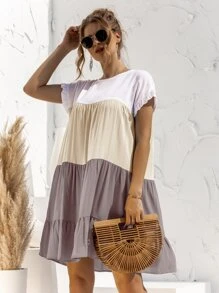 SHEIN LUNE Contrast Panel Flounce Sleeve Smock Dress - Multicolor - View 3