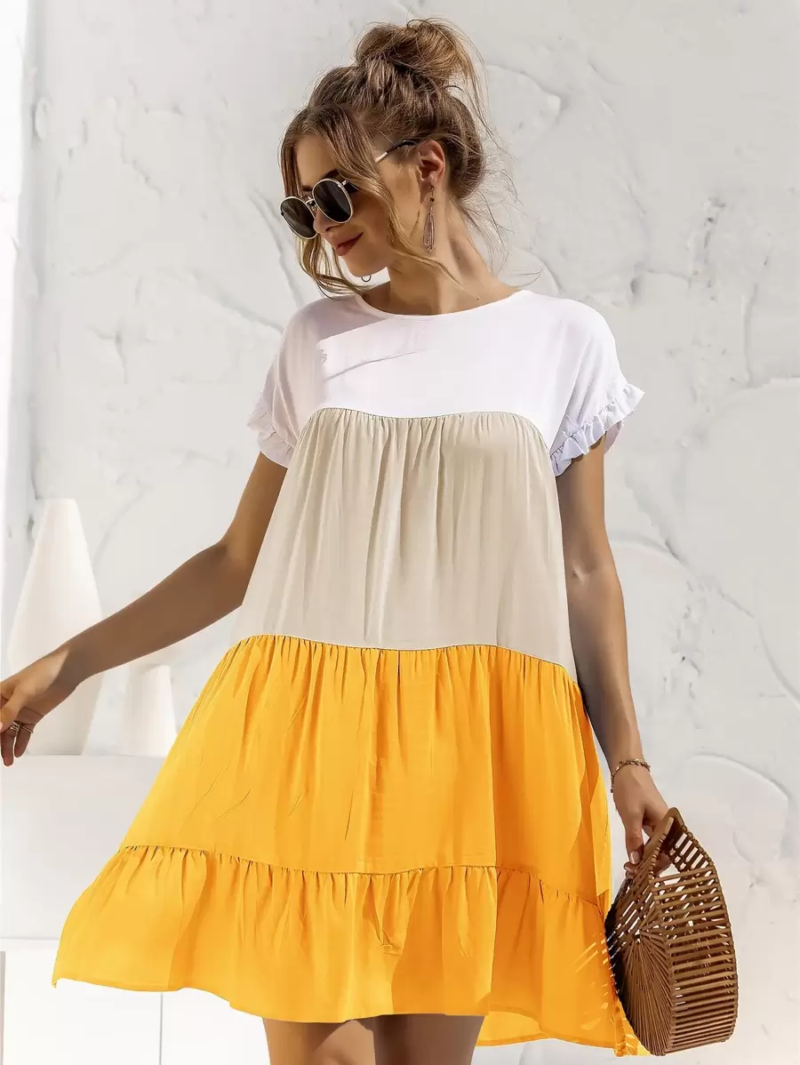 Contrast Panel Flounce Sleeve Smock Dress - Multicolor - View 1