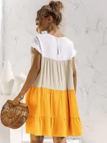 Contrast Panel Flounce Sleeve Smock Dress - Multicolor - View 2