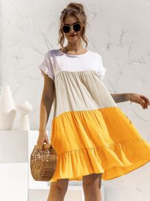 Contrast Panel Flounce Sleeve Smock Dress - Multicolor - View 6