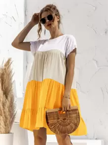 Contrast Panel Flounce Sleeve Smock Dress - Multicolor - View 7