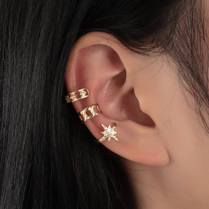 

3pcs Rhinestone Decor Ear Cuff, Gold