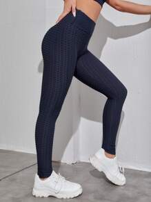 Easithlete Wide Band Waist Textured Sports Leggings - Navy Blue - View 4