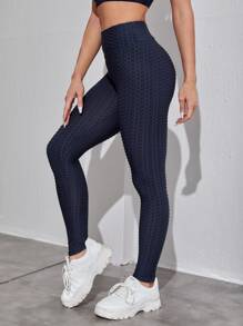 Easithlete Wide Band Waist Textured Sports Leggings - Navy Blue - View 5