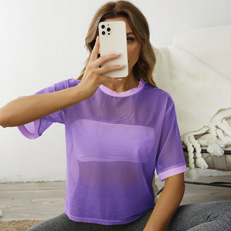 

Sheer Mesh Sports Tee Without Bra, Purple