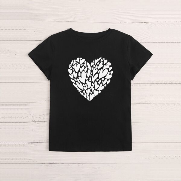 

Heart Print Round Neck Tee, Black