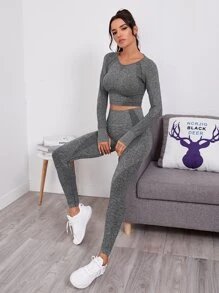 無縫插肩袖拇指洞運動T恤和緊身褲 - 深灰色 - 查看 1