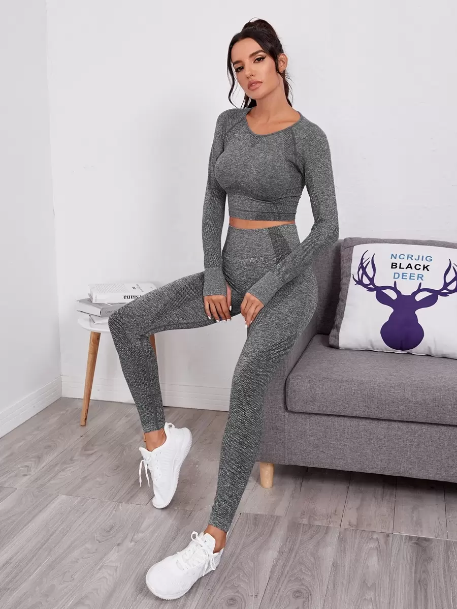 無縫插肩袖拇指洞運動T恤和緊身褲 - 深灰色 - 查看 1