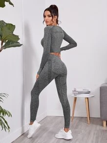 無縫插肩袖拇指洞運動T恤和緊身褲 - 深灰色 - 查看 2