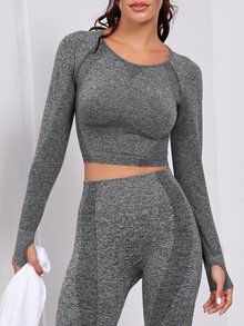 無縫插肩袖拇指洞運動T恤和緊身褲 - 深灰色 - 查看 4