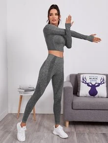 無縫插肩袖拇指洞運動T恤和緊身褲 - 深灰色 - 查看 5