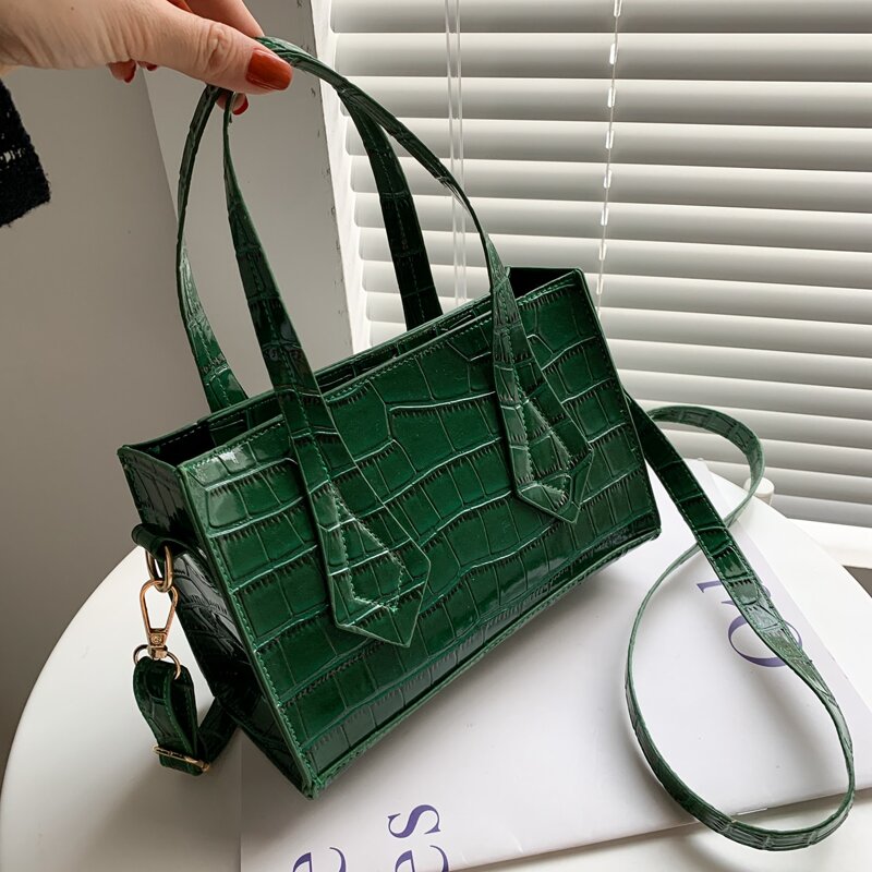 

Croc Embossed Satchel Bag, Green