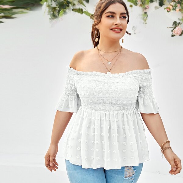 

Plus Swiss Dot Shirred Bardot Blouse, White