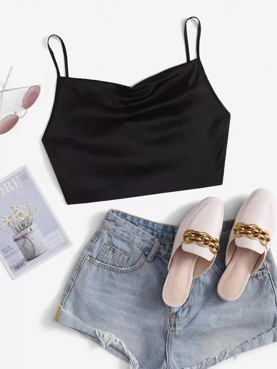 SHEIN Privé Date Night Tie Back Satin Concert Crop Cami Top - Black - View 1