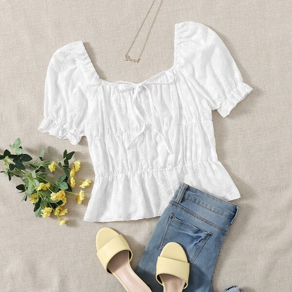 

Schiffy Puff Sleeve Crop Peplum Blouse, White