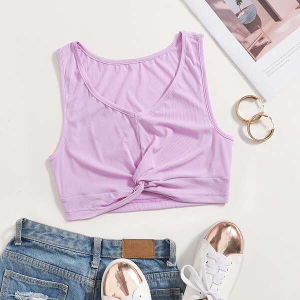 

Solid Twist Front Tank Top, Lilac purple