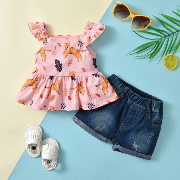 

Toddler Girls Cartoon Graphic Ruffle Cami Top With Ripped Denim Shorts, Multicolor