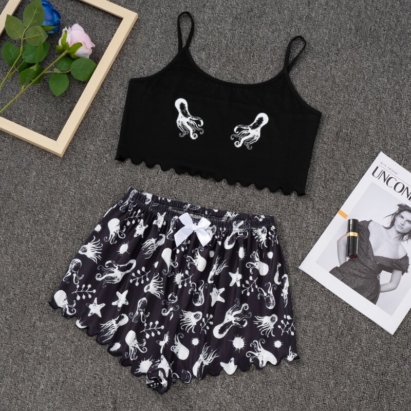 

Octopus Print Scallop Trim Bow Detail PJ Set, Black