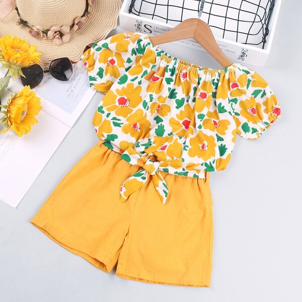 

Toddler Girls Floral Top With Belted Shorts, Multicolor