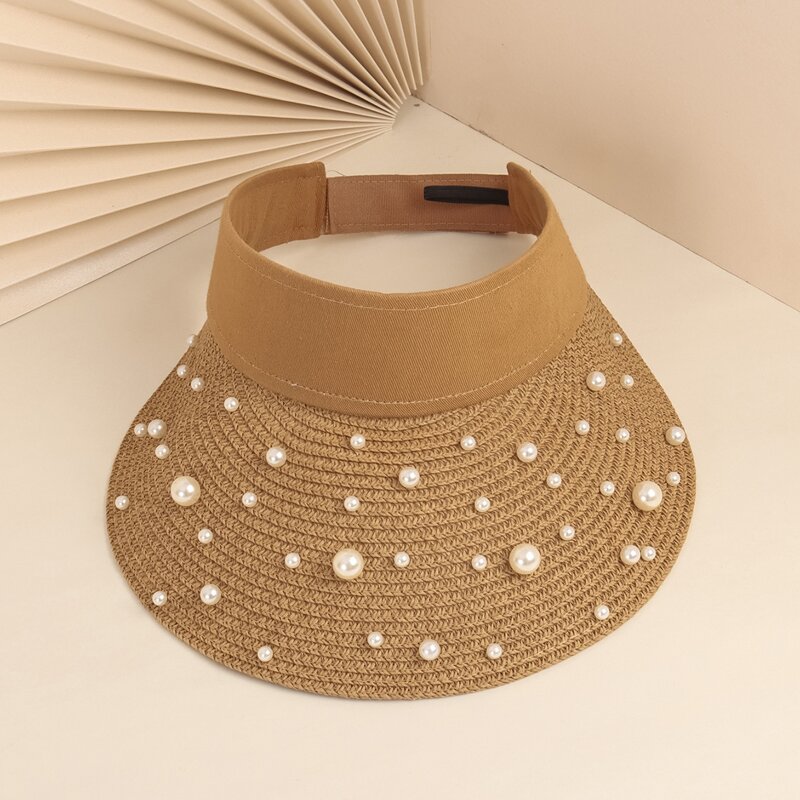 

Faux Pearl Straw Hat, Khaki