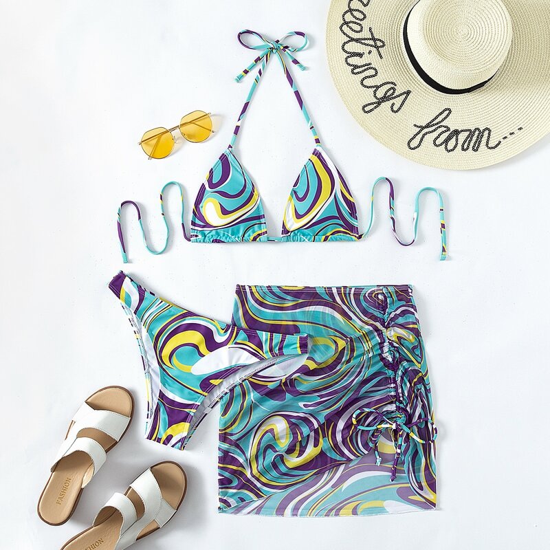 

3pack Allover Print Halter Bikini Swimsuit & Cover Up, Multicolor
