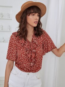 SHEIN Unity Top ribete fruncido floral - Rojo - Ver 1