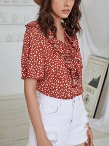 SHEIN Unity Top ribete fruncido floral - Rojo - Ver 5