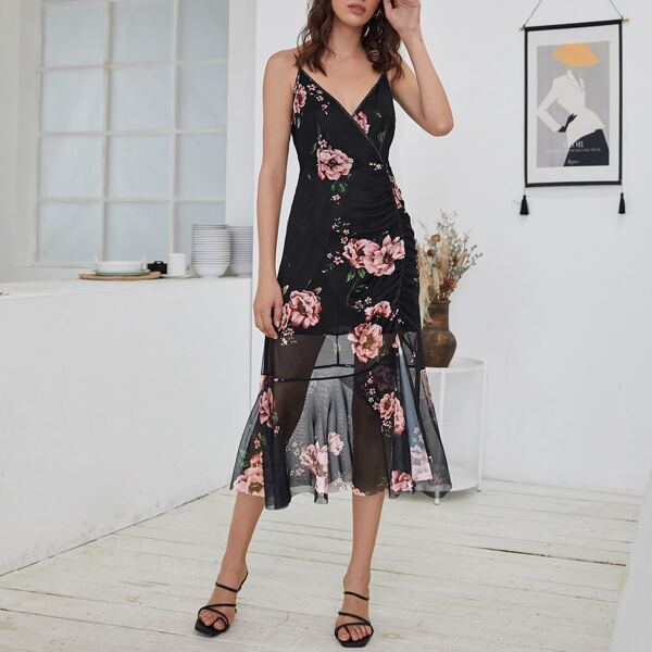 

Floral Print Sheer Mesh Mermaid Hem Cami Dress, Multicolor