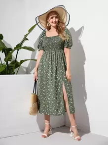 SHEIN Clasi Plus Floral Print Shirred Split Thigh Dress - Green - View 1