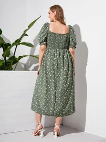SHEIN Clasi Plus Floral Print Shirred Split Thigh Dress - Green - View 2