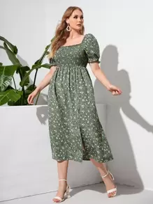 SHEIN Clasi Plus Floral Print Shirred Split Thigh Dress - Green - View 4