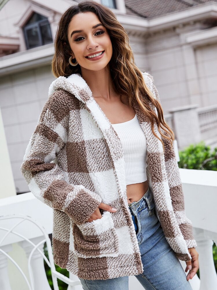 雙色格子連帽絨毛外套 - 彩色 - 查看 3