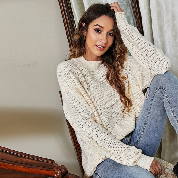 

Solid Drop Shoulder Oversized Sweater, Beige