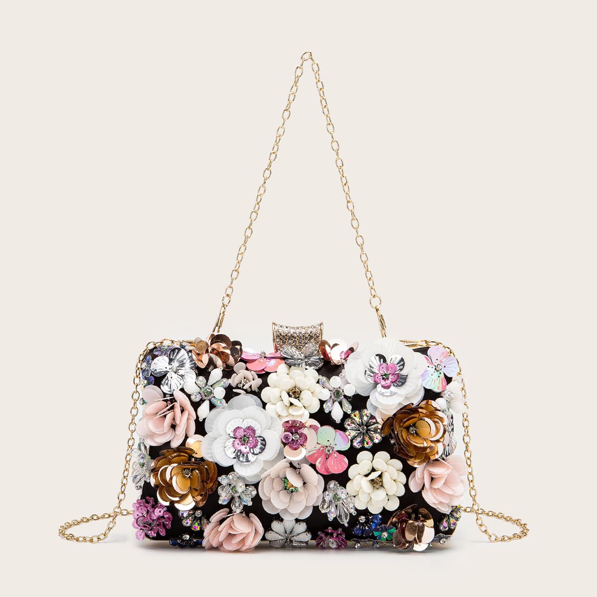 

Floral Decor Chain Box Bag, Black