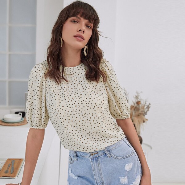 

All Over Print Puff Sleeve Blouse, Beige