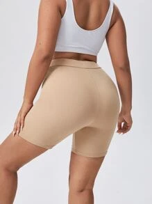 SHEIN Essnce 大尺碼高腰騎行褲 - 卡其色 - 查看 2