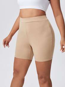 SHEIN Essnce 大尺碼高腰騎行褲 - 卡其色 - 查看 3