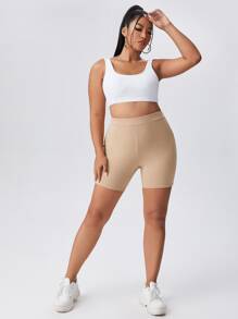 SHEIN Essnce 大尺碼高腰騎行褲 - 卡其色 - 查看 4